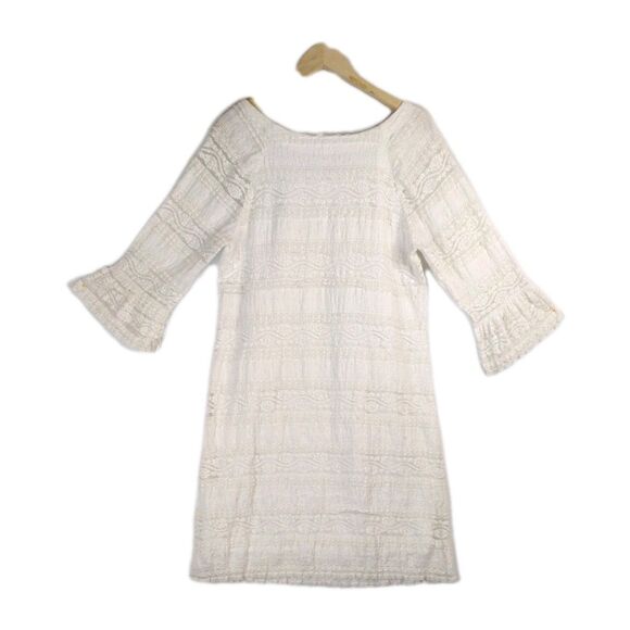 Dressbarn women 14 white lace tiers 3/4 flared ruffle sleeve shift dress stretch - Picture 2 of 16